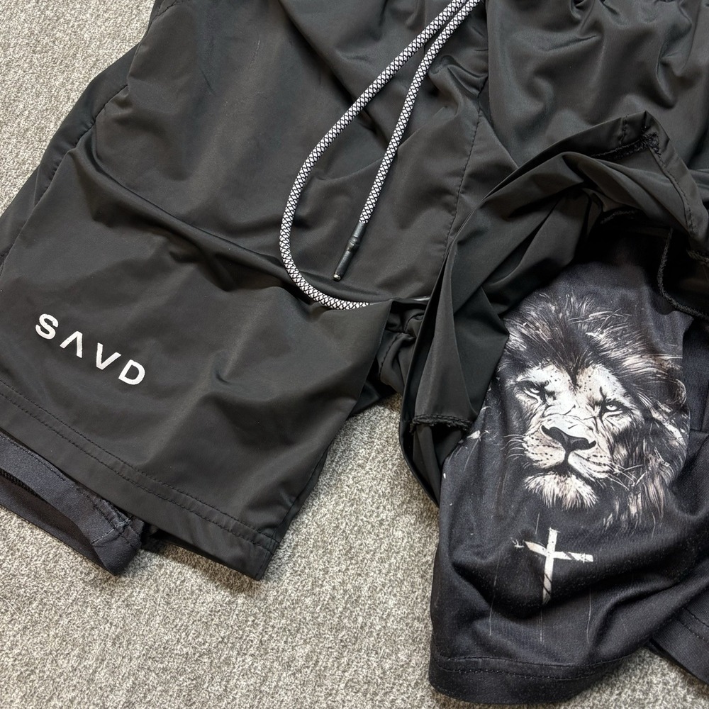 SAVD Joshua 1:9 Lion Graphic Print Performance Athletic Shorts Black Size S